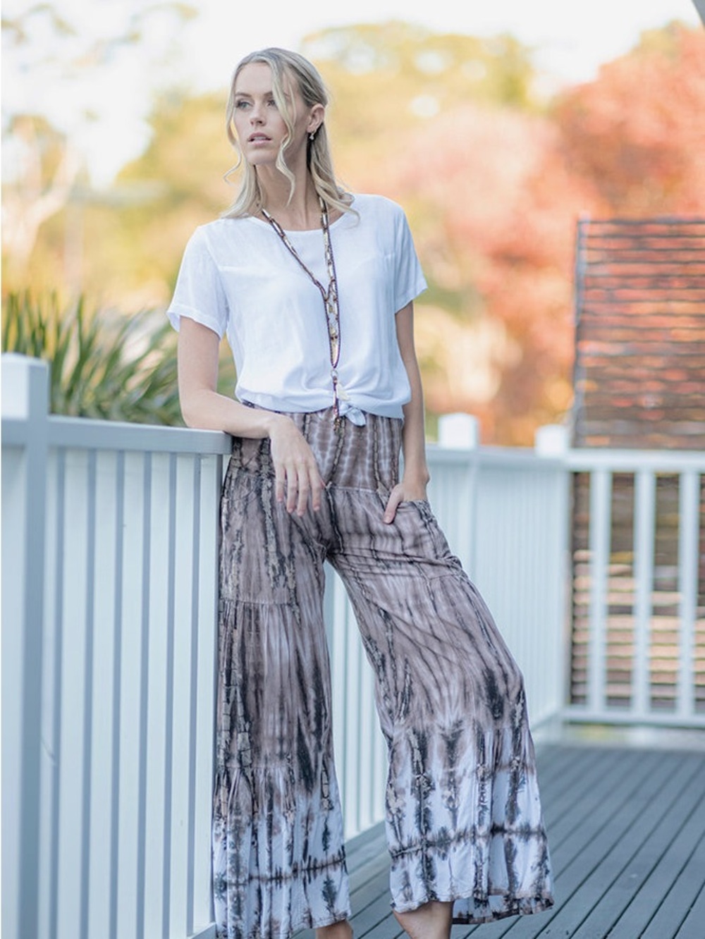Tie-Dye Wide-Leg Palazzo Pants - Taupe & White